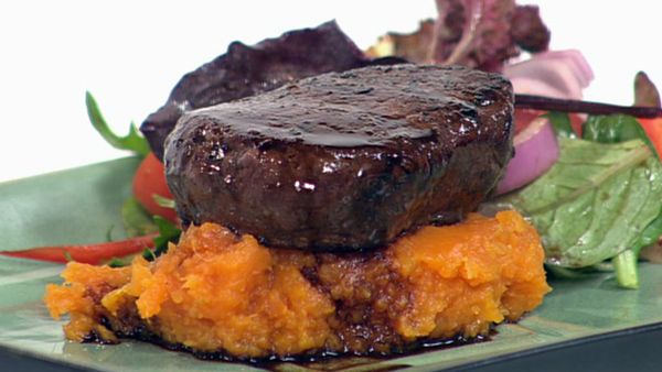 Super quick balsamic steak with sweet potato mash and greens