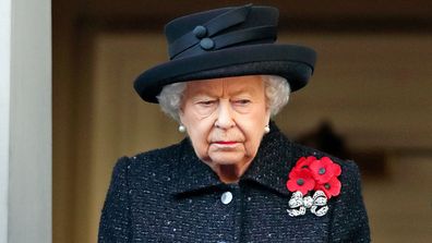 Camilla, Duchess of Cornwall, Queen Elizabeth II and Catherine, Duchess of Cambridge attend the annual Remembrance Sunday service at The Cenotaph on November 10, 2019 in London, England.