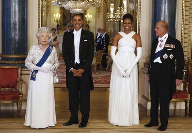 Former US President Barack Obama and former First Lady Michelle Obama at Buckingham Palace with Queen Elizabeth and Prince Philip. 