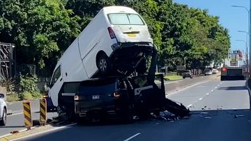 A van and a Range Rover have been involved in a crash at Sydney&#x27;s inner south.The dramatic crash, left the van teetering in the air on top of the other vehicle.