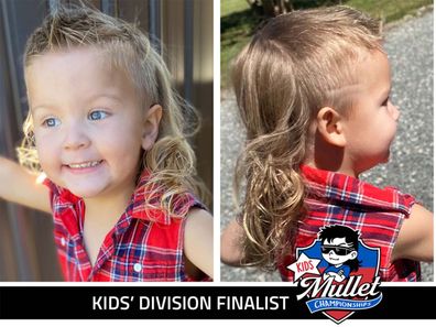 A split image of a blonde child with a mullet, left picture is front facing with the kids smiling, the right shows off the hairstyle.