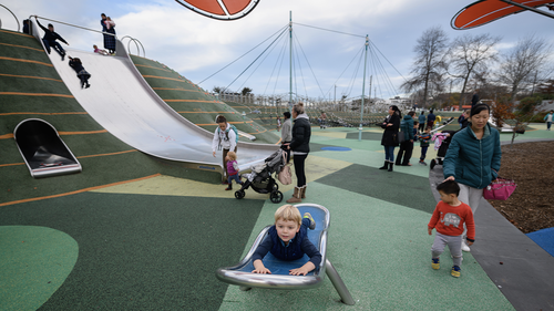 Children enjoy playing at Margaret Mahy Family Playground on June 03, 2020 in Christchurch, New Zealand. New Zealand is currently under COVID-19 Alert Level 2 restrictions as New Zealand continues to record no new cases for the 12th day in a row. Cabinet will consider Level 2 settings again on June 8 and will make a decision on whether to move New Zealand to to COVID-19 Alert Level 1 no later than June 22. (Photo by Kai Schwoerer/Getty Images)