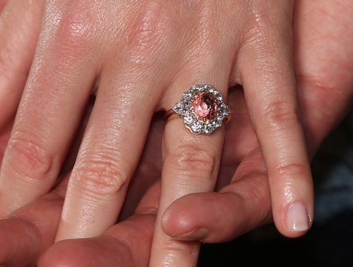 Princess Eugenie showed off her dazzling engagement ring at the engagement announcement. (AAP)