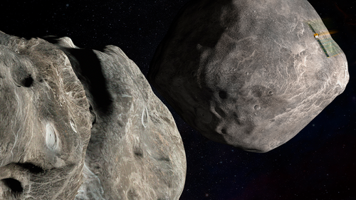This illustration made available by Johns Hopkins APL and NASA depicts NASA's DART probe, upper right, on course to impact the asteroid Dimorphos, left, which orbits Didymos.