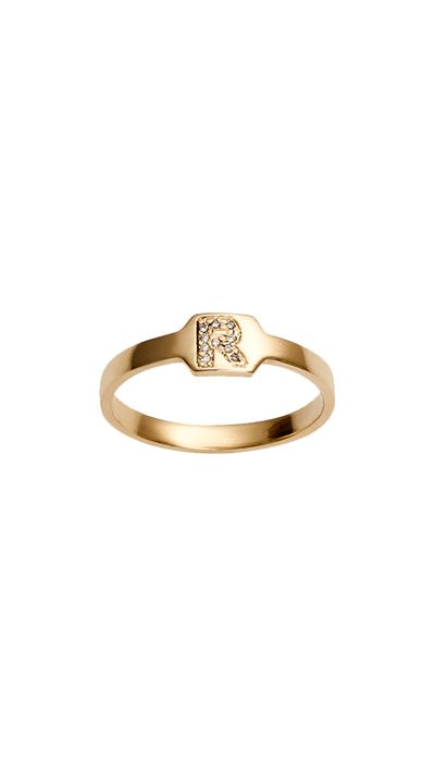 <p><a href="http://jenniferfisherjewelry.com/fine-jewelry/fingers/small-id-ring-with-burnish-white-diamond-single-letter" target="_blank">Small ID Ring with Burnish White Diamond Single Letter, $950, Jennifer Fisher</a></p>