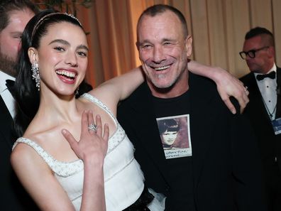 Margaret Qualley and father Paul J Qualley at the 82nd Annual Golden Globe Awards at The Beverly Hilton on January 5, 2025 in Beverly Hills, California