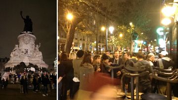 People gather at the monument in Pace de la Republique (left) and revellers outside a bar near the Bataclan theatre (right). (Jack Hawke)