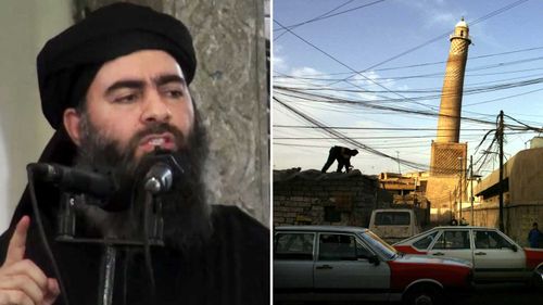 Islamic State leader Abu Bakr al-Baghdadi speaking at the mosque in 2014. (AAP)
