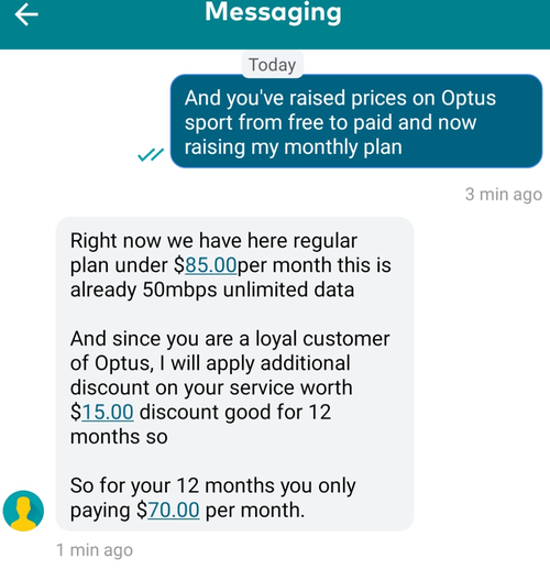 A screenshot of a message with an Optus customer service officer