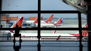 Air India planes are parked at Indira Gandhi International Airport in New Delhi, India on Aug. 30, 2021.