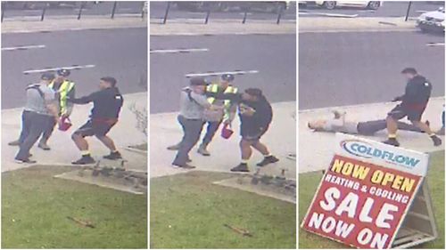 CCTV footage shows a man take a swing at another man during an apparent argument, before the victim falls to the ground.