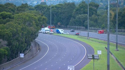 The scene of a horror crash on the Eastern Freeway in Melbourne where four police officers were killed on Wednesday night. The area remains closed on Thursday, April 23, as a major investigation is launched.