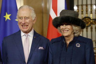 King Charles III of Great Britain and Royal Consort Camilla stand at Hamburg City Hall, Germany, Friday, March 31, 2023.