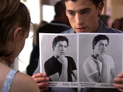 Scene from 10 Things I Hate About You with Joey Donner and his modelling photos.