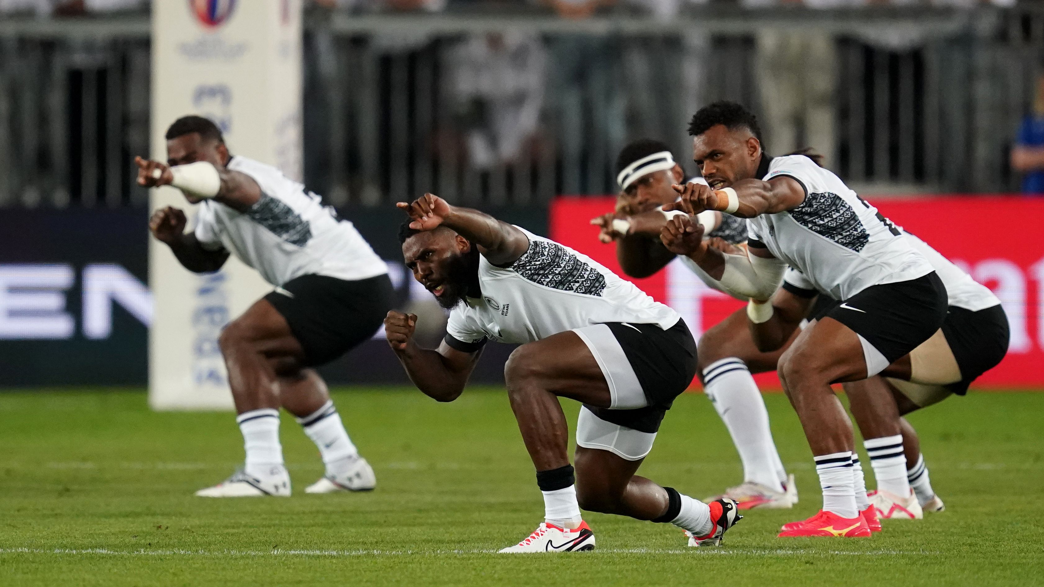 Fiji players perform the cibi at Stade de Bordeaux.