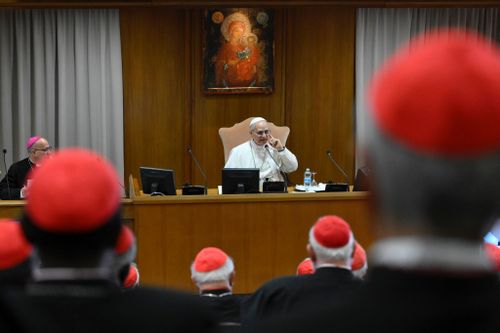 Pope Leo XIV met with cardinals in the Vatican's synod hall â€“ a deviation from the typical location for the first meeting with cardinals, which is usually held in the apostolic palace.