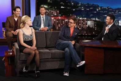 Robert Downey Jr., Scarlett Johansson, Paul Rudd and Chris Hemsworth on the Jimmy Kimmel Live! show.