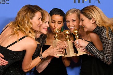 Big Little Lies cast poses in the press room during The 75th Annual Golden Globe Awards at The Beverly Hilton Hotel on January 7, 2018 in Beverly Hills, California.