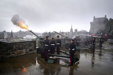 The 16 Regiment Royal Artillery fire a 21 Gun salute at Edinburgh Castle to mark the 75th birthday of Britain's King Charles, Tuesday, Nov. 14, 2023