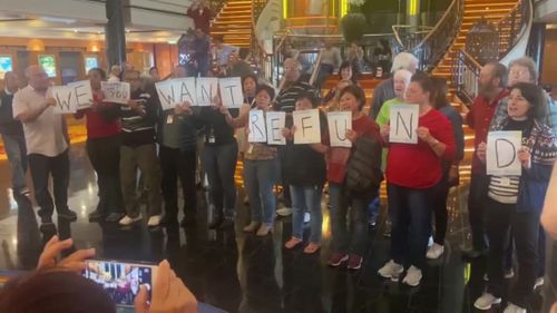 "Refund! Refund! Refund!" was the refrain among passengers gathered in the atrium of Norwegian Spirit cruise ship earlier this week after operators canceled another port of call on the voyage's two-week European itinerary.