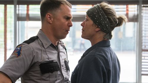 Sam Rockwell alongside Frances McDormand in Three Billboards. (AAP)