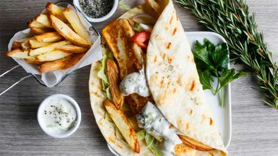 Recipe: <a href="http://kitchen.nine.com.au/2017/05/17/11/06/grilled-haloumi-pita-gyros-with-tzatziki-and-oven-baked-herb-salted-fries" target="_top">Grilled haloumi gyros with tzatziki and oven-baked herb salted fries</a>