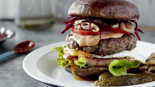 Pete Evans' Mum burger with a grilled mushroom 'bun'