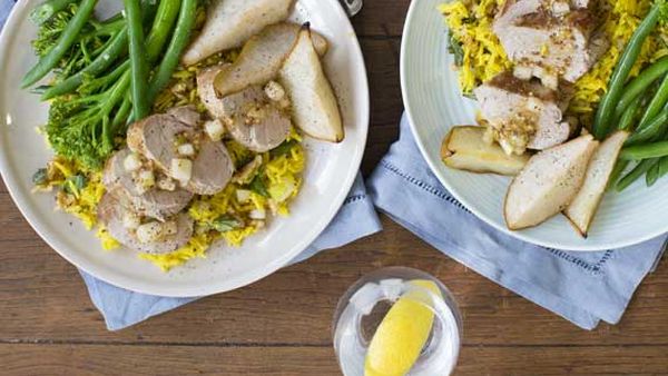 Zoe Bingley-Pullin's pork fillet with turmeric, walnut rice and caramelised pears