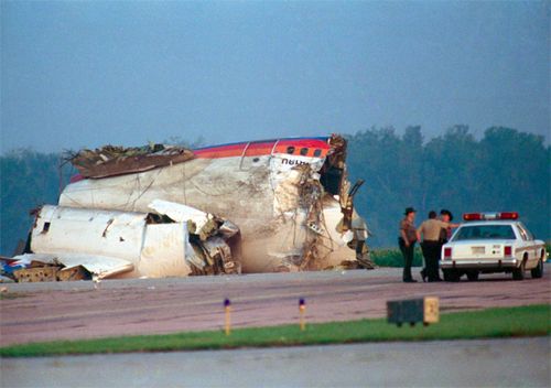 An engine and debris sit in a corn field after United Airlines Flight 232 crashed and broke into pieces July 19, 1989, while attempting to make an emergency landing at the Sioux City Gateway Airport. Of the 296 people on board, 111 were killed in the crash leaving 185 survivors. The flight was going from Denver to Chicago.
