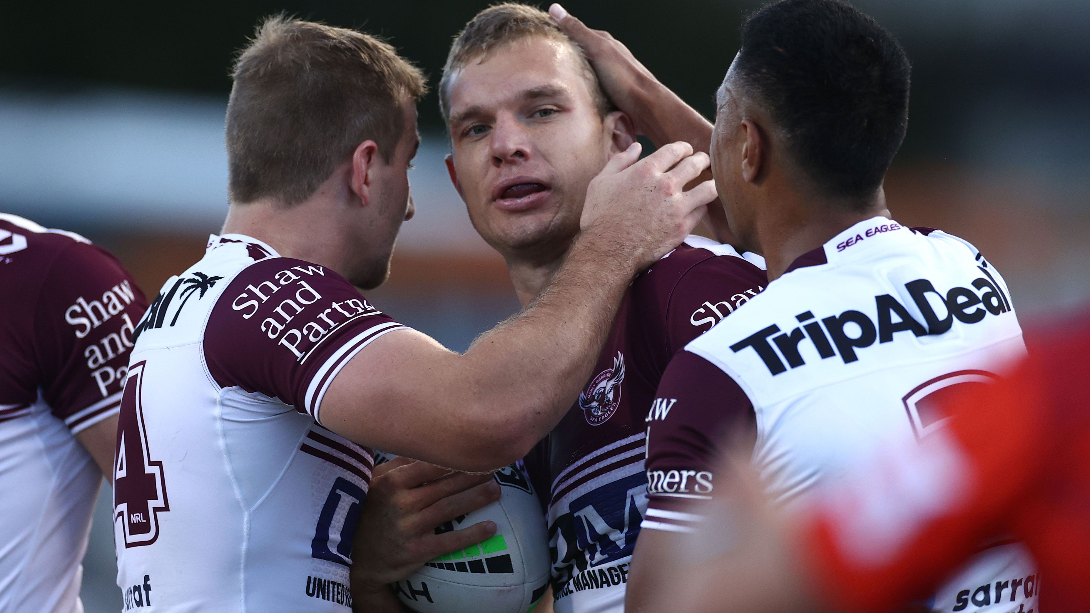 Tom Trbojevic celebrates a try for Manly before he was injured last season.