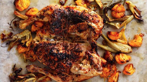 Roast chicken with tangerines and ouzo