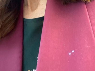 A spot of nappy cream on the blazer of NZ Prime Minister Jacinda Ardern.