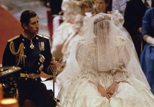 Bride Celia wore the same tiara as her late aunt Princess Diana at her wedding. Picture: AAP