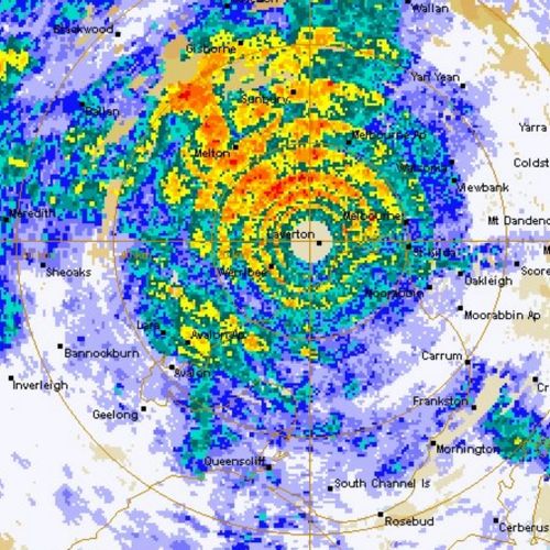 The weather radar glitch showed a massive storm storm over Melbourne last night, with the eye over Laverton. (BoM)