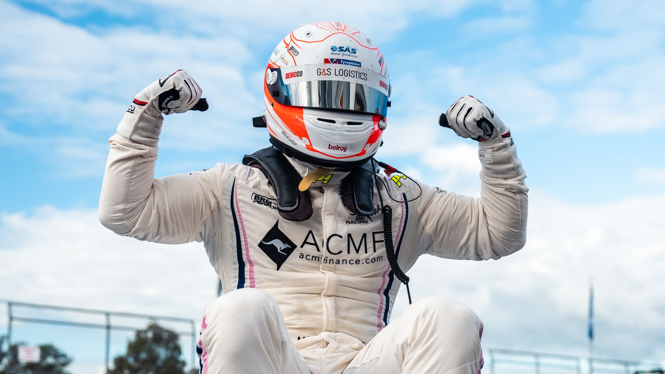 Joey Mawson celebrates victory in S5000 at Winton Motor Raceway.