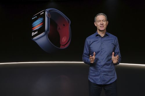 In this still image provided by Apple from the keynote video of a special event at Apple Park in Cupertino, California, Apple's Chief Operating Officer Jeff Williams unveils Apple Watch Series 6 on Tuesday, Sept. 15, 2020. 