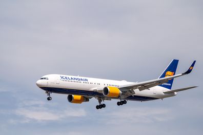 IcelandAir Boeing 767-300 aircraft in landing configuration on approach to landing at Frankfurt Airport in Germany