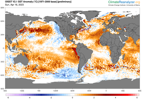 NOAA data shows waters are warmer across much of the globe. 