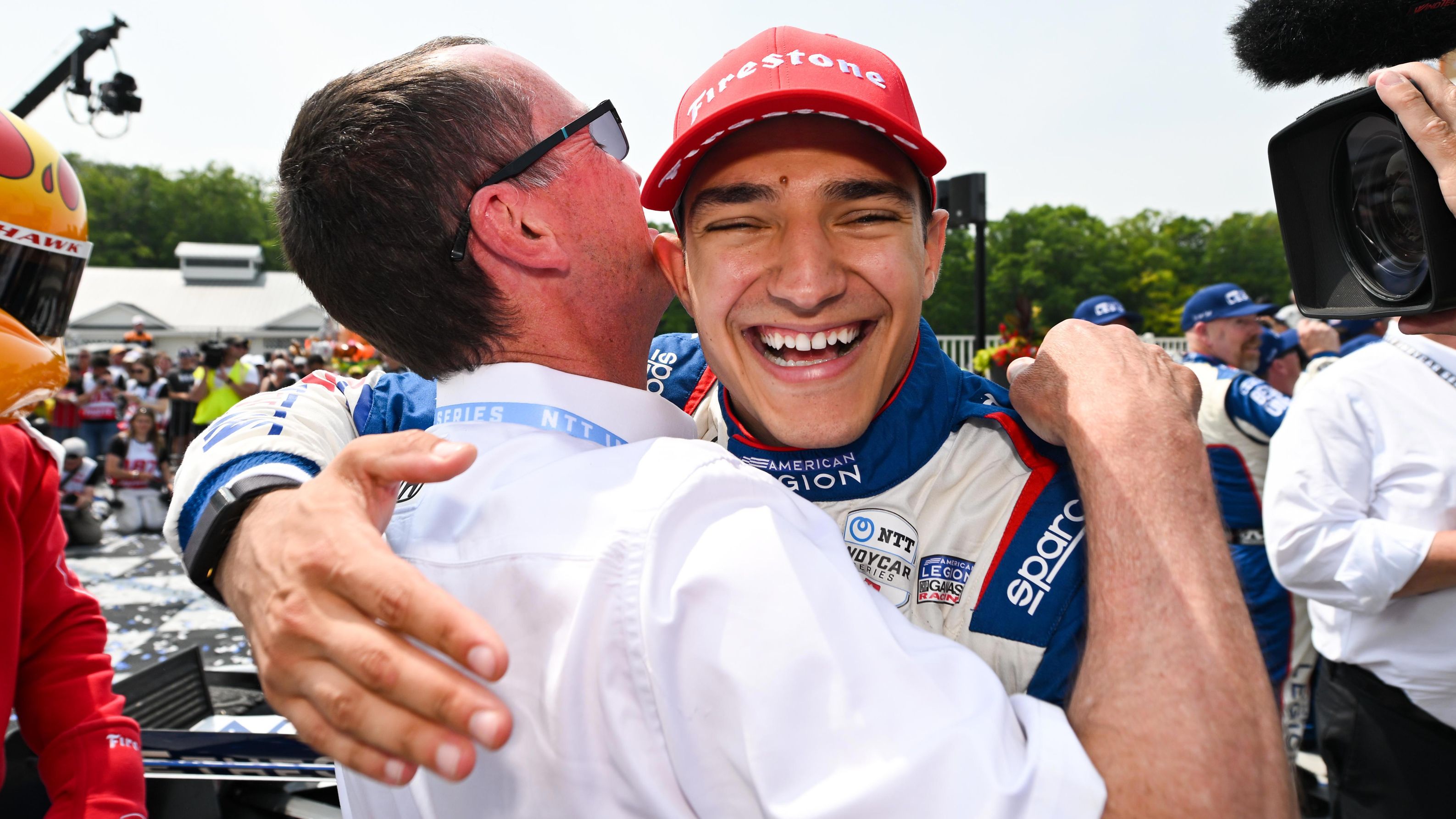 Alex Palou celebrates his third IndyCar win of the season at Road America.