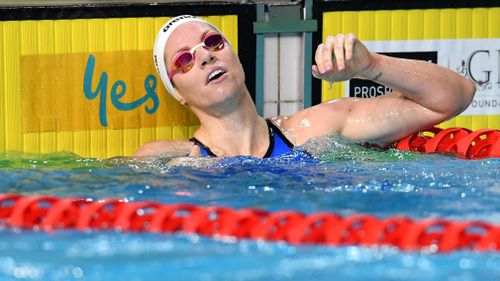 Seebohm came into contact with lane ropes during the event in the outdoor pool, which  saw her narrowly lose the race, after training indoors and not being able to swim straight. Picture: AAP.