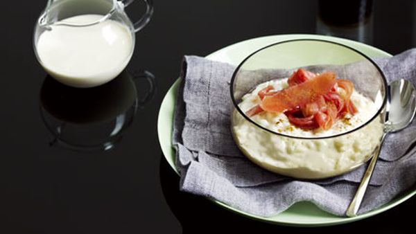 Breakfast risotto with poached rhubarb