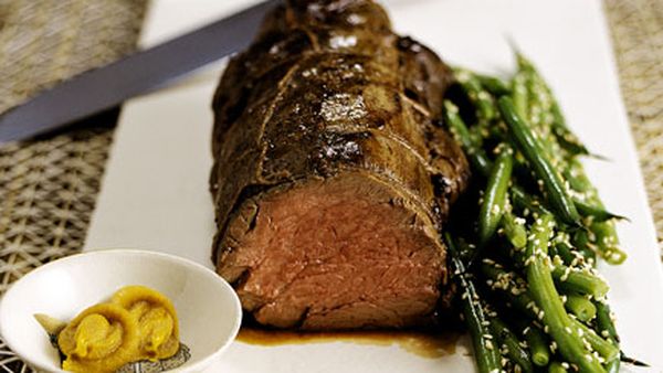 Japanese mustard-miso roasted beef fillet