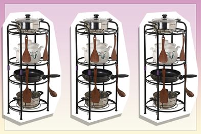 9PR: AIWFL 4 Tier Pan Rack Holder, Heavy Duty Pot Rack Organizer, Holds Cast Iron Skillets, Dutch Oven, Frying Pan, Griddles for Home Kitchen Counter Cabinet
