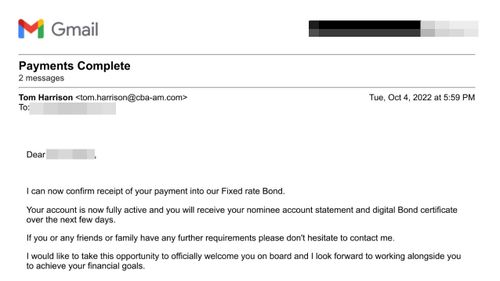 An email from the scammer, who identified himself as a Commonwealth Bank executive.