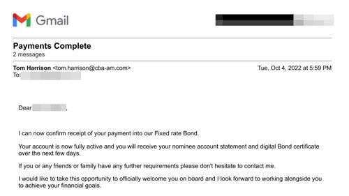 An email from the scammer, who went identified himself as a Commonwealth Bank manager.