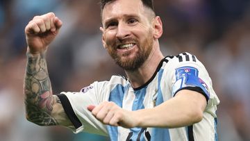 Lionel Messi of Argentina celebrates after scoring a goal to make it 3-2 during the FIFA World Cup Qatar 2022 Final match between Argentina and France at Lusail Stadium on December 18, 2022 in Lusail City, Qatar. (Photo by Matthew Ashton - AMA/Getty Images)