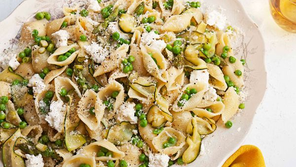 Lightly sauced pasta primavera with ricotta