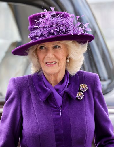 Camilla, Duchess of Cornwall arrives at Westminster Abbey after The Commonwealth Day Service on March 14, 2022 in London, England.