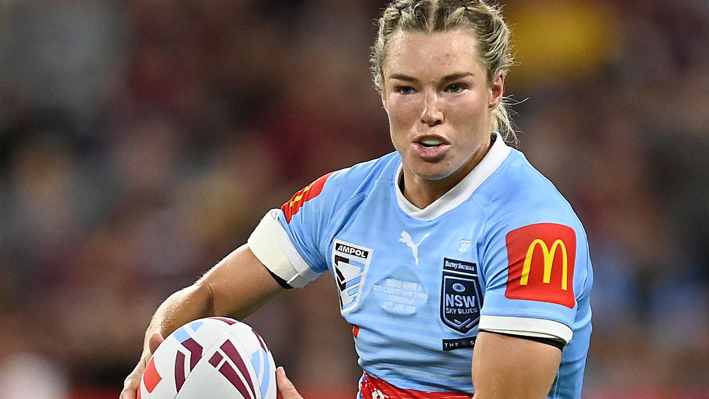 Emma Tonegato of the Blues runs the ball during game two of the women&#x27;s state of origin series between New South Wales Skyblues and Queensland Maroons at Queensland Country Bank Stadium on June 22, 2023 in Townsville, Australia. (Photo by Ian Hitchcock/Getty Images)