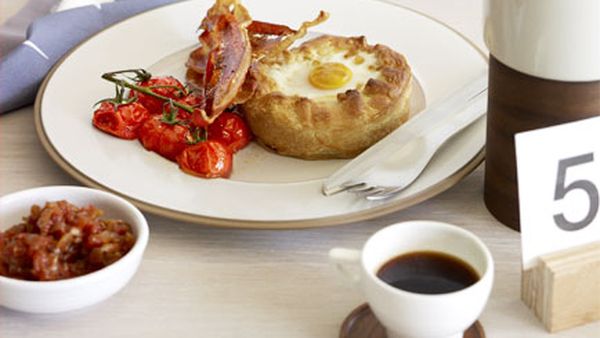 Breakfast pies with tomato chilli jam and crisp speck
